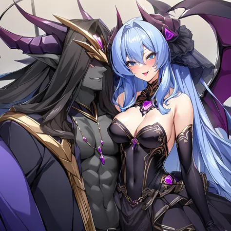 ((Highest quality)), ((masterpiece)), (detailed), （Perfect Face）、The woman is hugging, kissing and having sex with the great and powerful evil demon king man.、The woman is a beautiful, jet-black female demon, the queen of evil, Devil Extia, with jet-black ...