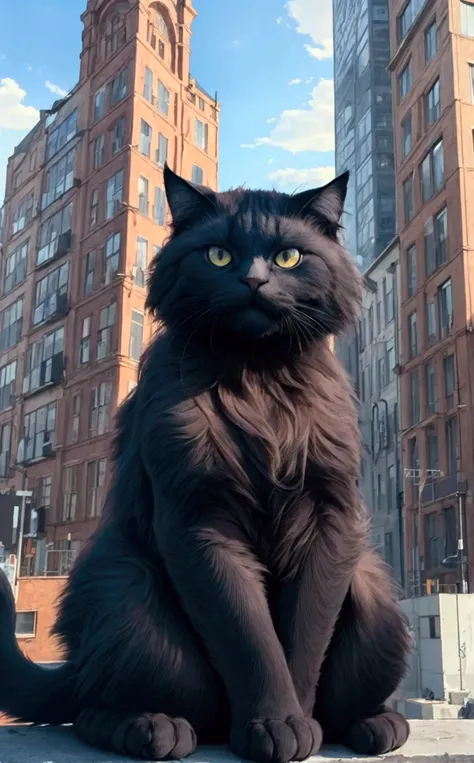 score_9,(best quality,4k,8k,highres,masterpiece:1.2),a ultra-gigantic cat sits on a building, crowd, city, from below, cinematic angle, anime, ultra-detailed,vivid colors,