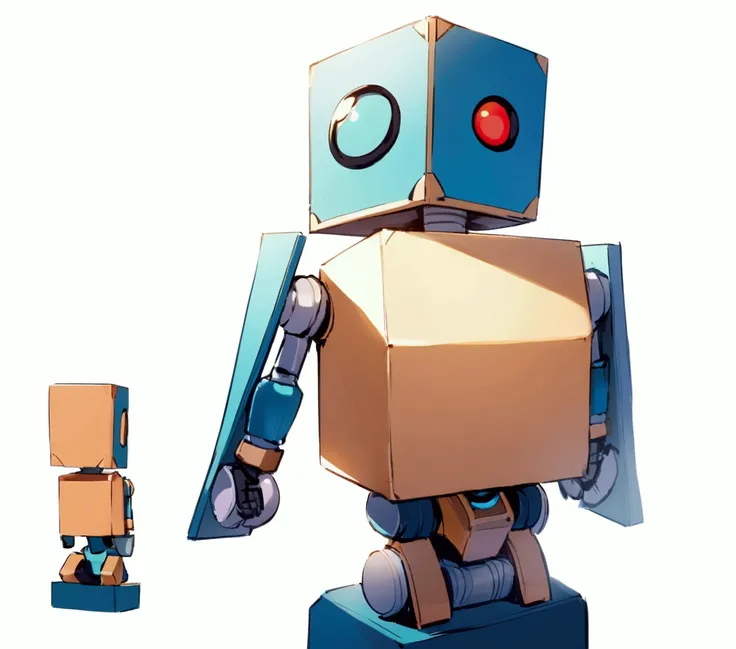 small tender robot like wally-e , short legs, reactangular rectangular head with eyes (front, side, back views of the same character) , white background