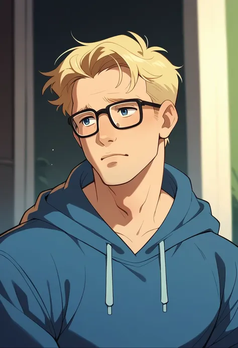 human male, blonde hair , wearing blue hoodie, wearing glasses  ,