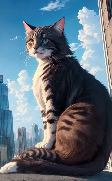 score_9,(best quality,4k,8k,highres,masterpiece:1.2),a ultra-gigantic cat sits on a building, crowd, city, from below, cinematic angle, anime, ultra-detailed,vivid colors,