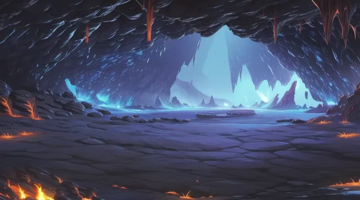 concept art, horizontal scene, horizon composition, there are no humans, sight, underground cave, rock, volcanic area, lava