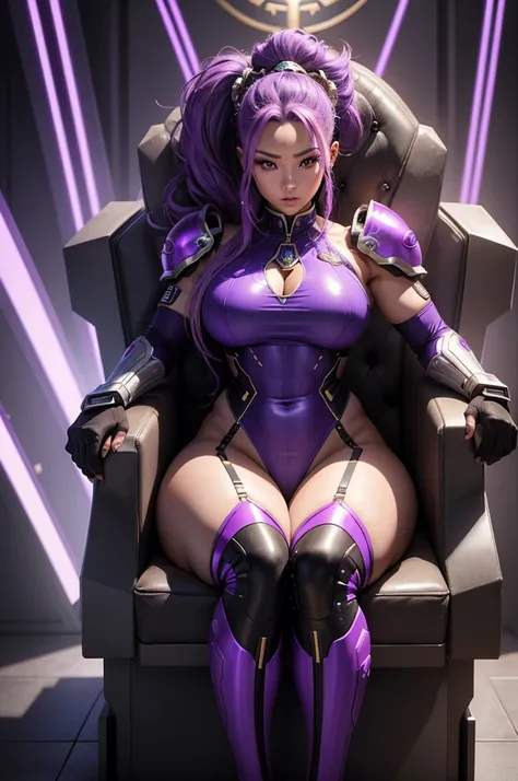 A beautiful, exuberant and very young cybernetic android warrior with black African and oriental Japanese and Chinese features, mixed with the clone of the Greek warrior goddess Athena, with super mega giant breasts, purple eyes, transformed into a super s...