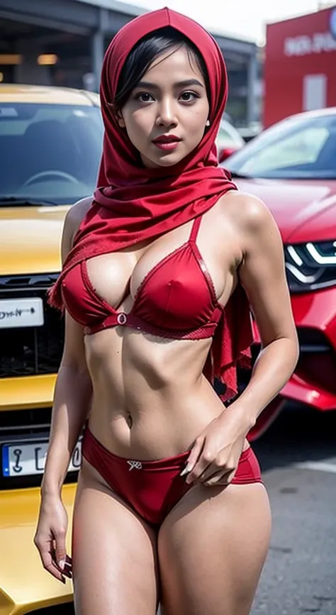 1 malay girl, modern red hijab, shy, medium portrait, watery eyes, Red lips, yellow glowing particles, wearing Red Bra and Panties, driving sport cars in the toll road Korean city building background, well-proportioned body, looks from angle full body.