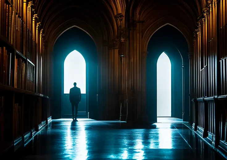 The college library, a large and dark room with towering bookshelves casting long shadows. The door is closed behind Alex, and the janitor with glowing eyes reaches out towards him."