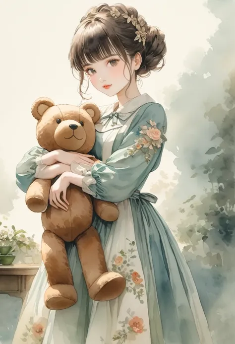 ((antique:1.5)),((hugging a teddy bear)),(teddy bear),beautiful and cute woman,1 female,solo,sharp features,sophisticated,((wate...