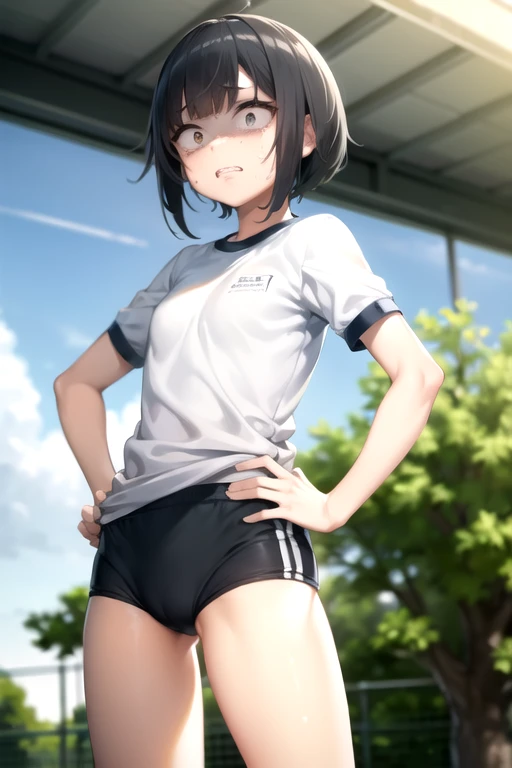 buruma, black buruma, (White short-sleeved gym uniform), School, Ground, sports festival, ((Highest quality)), ((masterpiece)), (detailed), Perfect Face, Perfect Arms, Perfect hands, Perfect Fingers, anime, Ultra-fine illustration, ((1 person)), Cute boy,(...