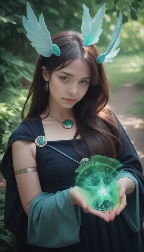 A powerful spell that creates a magical protective barrier, A woman uses green magic to summon a magical shield fit for a fantasy world,Realistic Characters，reality