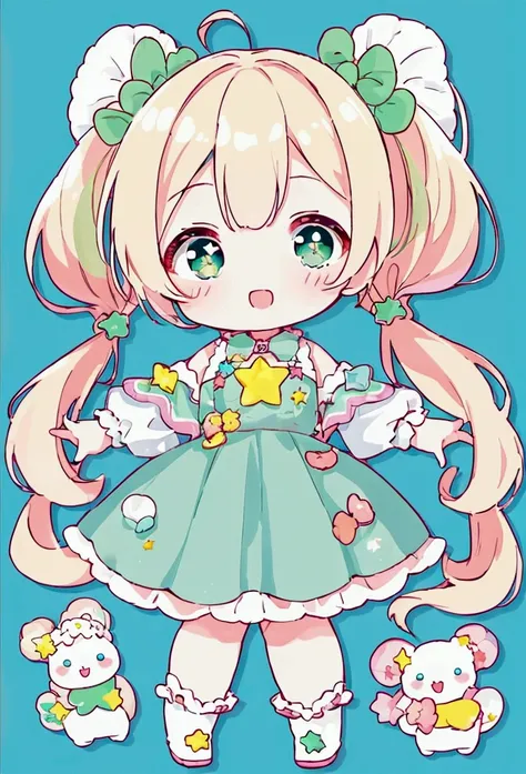 (high quality:1.6, 最high quality:1.6, detailed, 4K), (Cute style chibi girl,Twin tails,star,soft, colorful, delicate, Expressive, texture, sharp, green)