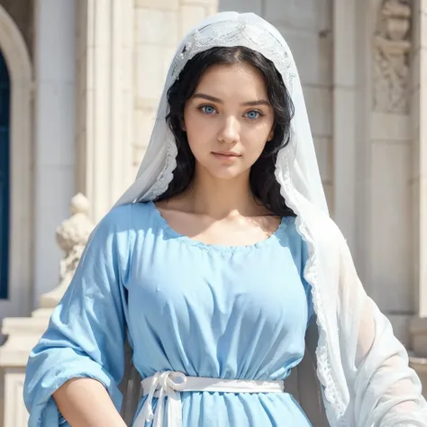 Beautiful woman with light blue eyes, curly black hair, wearing a blue tunic with wide, long sleeves adjusted at the waist by a white sash. Wear a thick white veil. She has open arms. Beautiful female hands