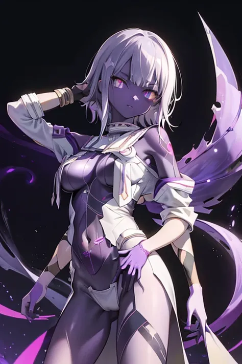 horror art, (dark anime alien girl), (((((purple skin))))), (((((white steel hair))))), bright, black cloth, sharp short clothes...