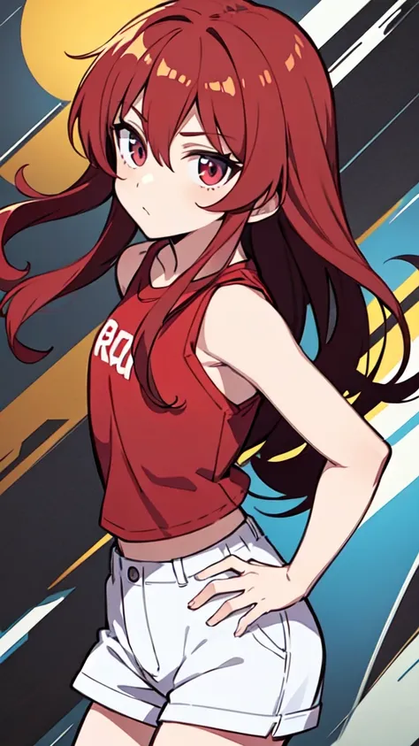 a drawing of a woman in a red shirt and white shorts, flat anime style shading, painted in anime painter studio, cel - shaded art style, clean detailed anime style, cel-shading style, made with anime painter studio, anime style hyper detailed, anime artsty...