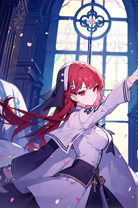 1girl, red hair, solo focus, clearly, red eyes, very long hair, stole, priest, bishojo, church,dynamic angle,dynamic pose,