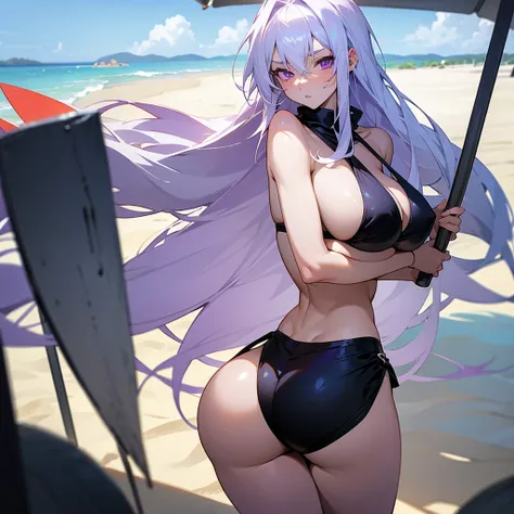 photo of anime girl on the beach with white hair and purple eyes, black bikini with and very hot with long hair with big ass, big tits, doing ass poses and looking shy
