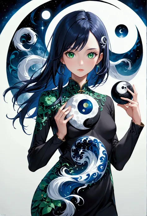 Girl with dark blue hair, green eyes,tall rectangular body figure, mature,holding ying yang symbol