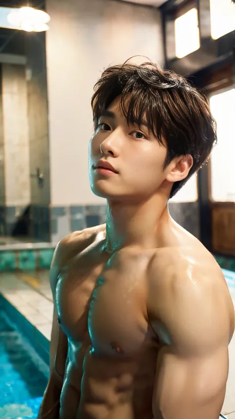 Masterpiece, best quality, alone,handsome korean man, swimmer, Hoarse body,tilted, small muscles, natural eyes, Short and delicate hair, ผู้ชายsexy, light tan skin, looking up at the viewer, bare, big penis, large protruding part, Embossed, sensuality, big...