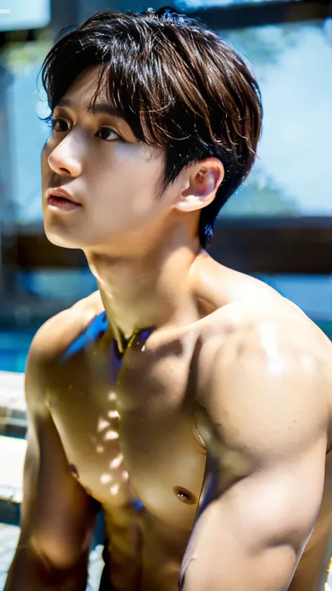 Masterpiece, best quality, alone,handsome korean man, swimmer, Hoarse body,tilted, small muscles, natural eyes, Short and delicate hair, ผู้ชายsexy, light tan skin, looking up at the viewer, bare, big penis, large protruding part, Embossed, sensuality, big...