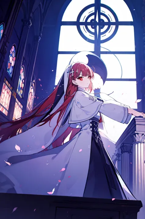 1girl, red hair, solo focus, clearly, red eyes, very long hair, stole, priest, bishojo, church,dynamic angle,dynamic pose,