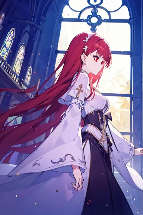 1girl, red hair, solo focus, clearly, red eyes, very long hair, stole, priest, Bishojo, church,dynamic angle,dynamic pose,