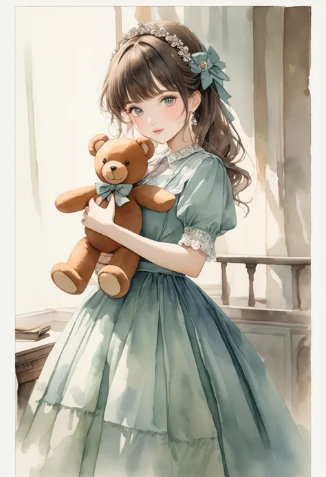 ((antique:1.5)),((hugging a teddy bear)),(teddy bear),beautiful and cute woman,1 female,solo,sharp features,sophisticated,((wate...