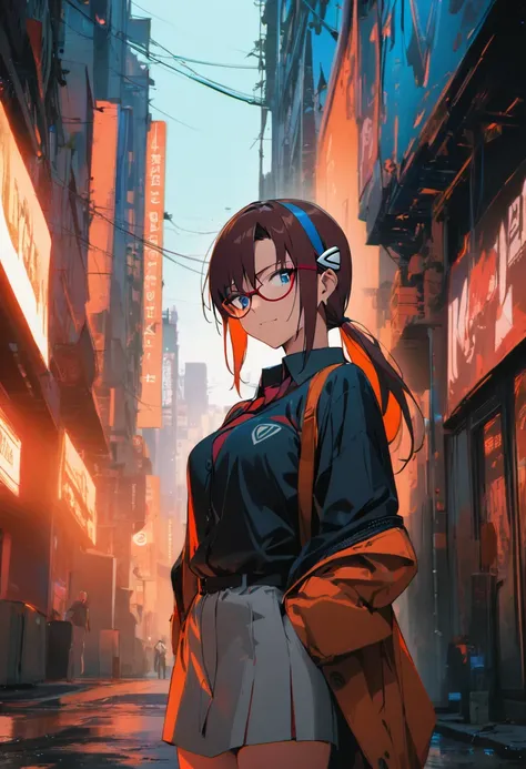 1girl, makinami mari illustrious,glasses, neon genesis evangelion,duotone blue and orange, cyberpunk setting,masterpiece, best quality, absurdres,