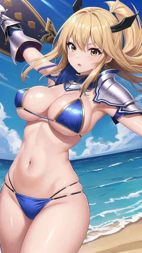 Art inspired by Masamune Shirow,  Armor Girl, Bikini Armor, Bikini Armor, Bikini Armor female knight, Bikini Armor, tits, Knight Girl, tits、Intense movement,topless, White thighs,Vertical belly button、Skin radiance,Golden Hair