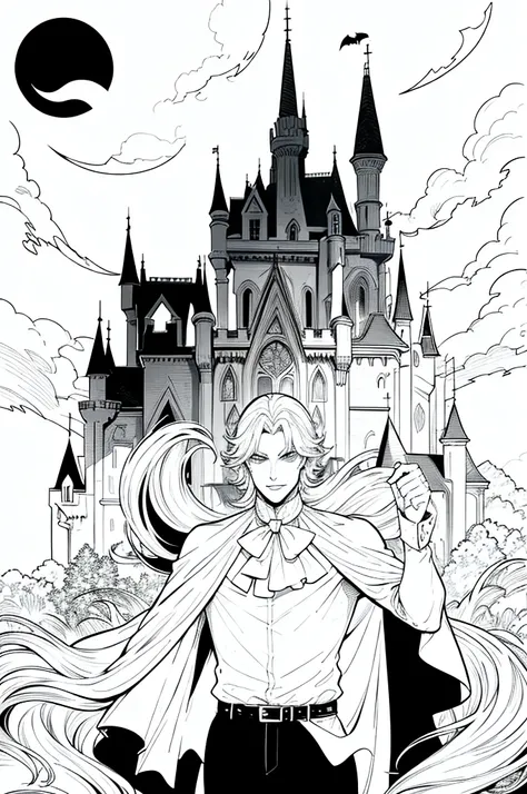 ​masterpiece, coloring book for children, evil vampire, no shading, halloween, castle in the background, no shading , black andwhite, monocromatic, Monochromatic, vampires teeth, all white, thin-lines, offwhite, Man, masculine man, black andwhite