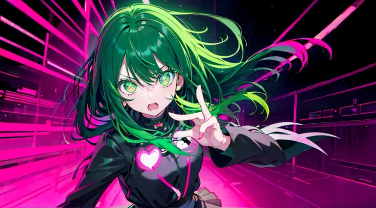 Anime girl with green eyes and neon hair in black and pink outfit