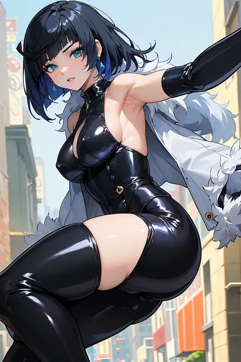 (masterpiece, best quality:1.4), wide open legs, close in view, visible tights, best anatomy, anime girl in black latex posing on the street, wearing latex, black shiny latex, visible armpits, (((attractive, gorgeous)))