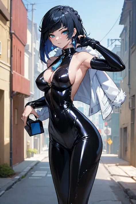 (masterpiece, best quality:1.4), wide open legs, close in view, visible tights, best anatomy, anime girl in black latex posing on the street, wearing latex, black shiny latex, visible armpits, (((attractive, gorgeous)))