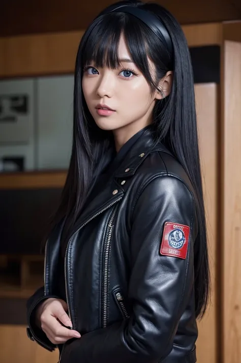 30-year-old woman,Black Hair,Asian,Korean style long hair,Headband,Long Bangs,Blue Eyes,Dark Skin,leather jacket,Tattoo