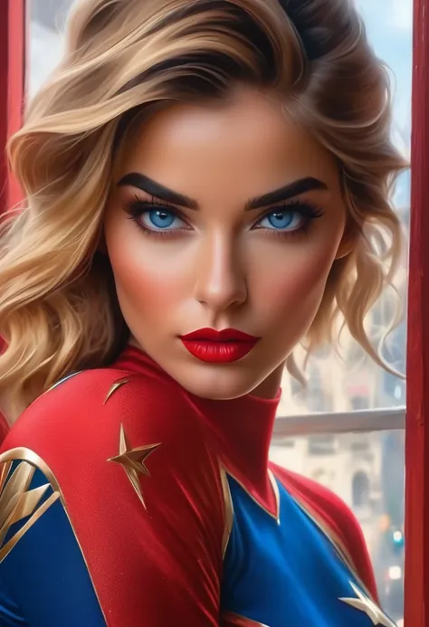 (Highest quality, 4K, 8k, High resolution, masterpiece: 1.2), (Very detailed, Realistic, Realistic:1.37)Seductive girl, Dressed in striking red and blue outfits, Standing in front of the window exuding an air of strength and determination. Her captivating ...