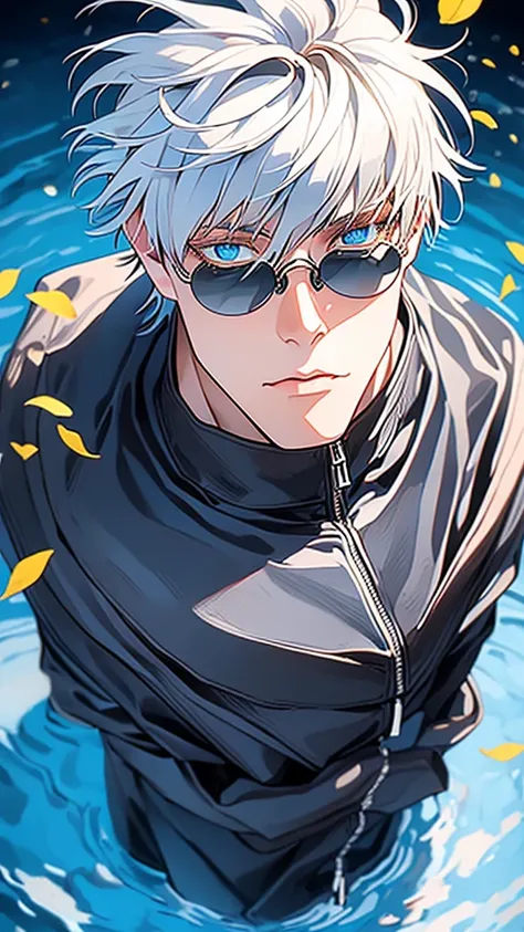 ultra detaild, high resolution, absurderes, HDR, Satoru Gojo, short white hair with bangs, hair between the eyes, expressive blue eyes, white eyelashes, Black Round Sunglasses, JUJUTSU KAİSEN, water, Thu, petals, Orange and yellow leaves, sexy man, standin...