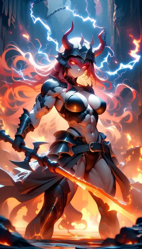 ((best quality)) , ((masterpiece)) , (detailed)，axe, 1girl, female focus, horns, glowing eyes, holding, beard, glowing, solo, weapon, holding axe, facial hair, muscular, fire, holding weapon, chain, looking at viewer, long hair, lightning, muscular female,...