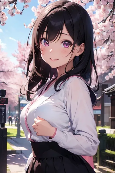 cute girl, super happy girl loves Japan over everything, rock , beautiful detailed eyes, beautiful detailed lips, extremely detailed eyes and face, long eyelashes, solo, full body, detailed uniform, cute pose, pink sakura petals, cherry blossom trees, vibr...