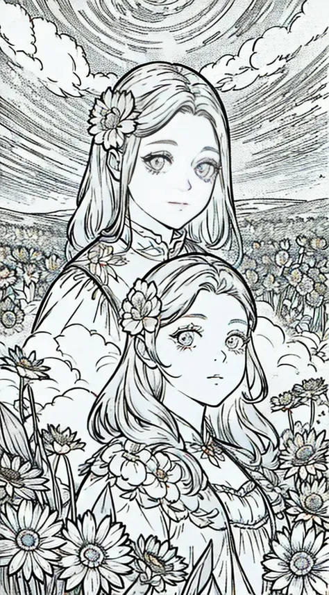 Woman looking at camera, (Flower Field), ((closeup)), portrait, clouds, line art