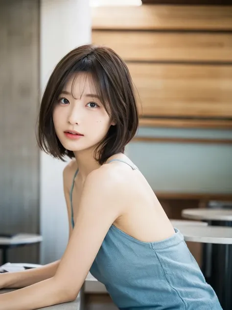 (top-quality、16K resolution)1 girl、solo、natural soft light、、A Japanese Lady、Cafe、 Looking at the camera、Light blue camisole 、Concrete background、Facing the front、is standing、bobhair、30year old、Light bangs、short-hair、Salon model、Natural look、bobcut、bob hair...