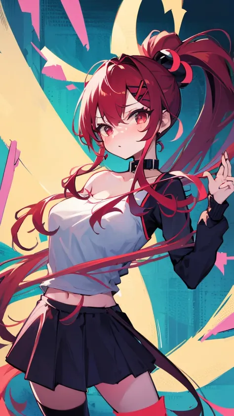 High tail hairstyle, Ponytail hairstyle, Long wavy black hair, standing posing, anime girl style, pixel art anime style,penetrating look with deep eyes,red and purple eyes, hair with a ponytail hairstyle trapped with a big red bun, women, red hair clips, x...