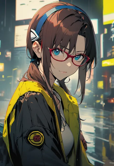 1girl, makinami mari illustrious,glasses, neon genesis evangelion,duotone yellow and black, cyberpunk setting,masterpiece, best quality, absurdres,