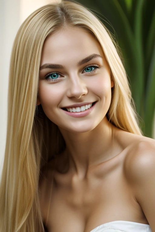 young woman, blonde, slim, oval face and very very long and narrow, arched eyebrows, green eyes, upturned and narrow nose, by the wide, smiling, portrait.