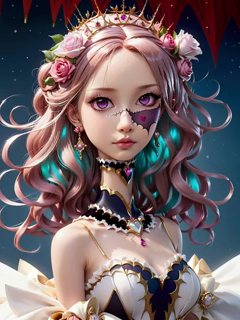 Create a realistic Caucasian woman with deep magenta eyes, an upturned button nose, and heart-shaped lips with upturned corners. She has long, wavy pink hair styled in an elegant updo. She is slender with small breasts. She wears a regal, ethereal dress wi...