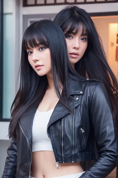 30-year-old woman,Long face,Black Hair,Asian,Long Hair,Long Bangs,Blue Eyes,Dark Skin,leather jacket