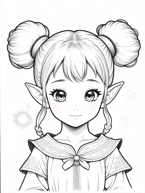 Works by Akira Toriyama，((Anime line drawing:1.8))，((Black Lines))，dream，sketch，Ethereal，dream，((Beautiful 5 years old elf girl))，(((5 years old)))，((独奏))，cute，kawaii，wonderland，(Little)，((Bun hair bun))，composition