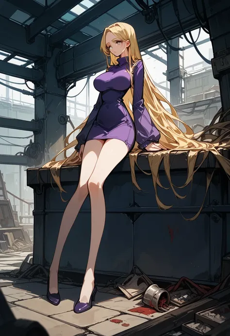 Masterpiece, best quality, Masterpiece, best quality, 1 woman, long blonde hair , purple turtleneck , กางเกงยีนส์Long legs , big breasts , abdomen , Long legs , Put your hands on your hips. , shoe , full body , abandoned factory , at night