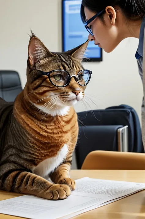 A successful cat wearing humanoid glasses looking at the office，Hand touching a fish on the table。A cat wearing a shirt。Cat at work。Realistic photos