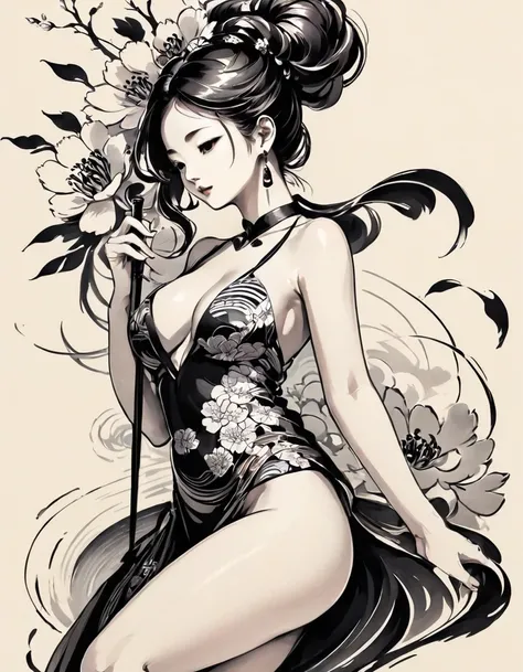 Chinese traditional ink body art style, (Use simple lines to outline a woman’s graceful figure），Take a step back, undulating lines, Thick and thin lines, (body art）,
line art, Black and white painting,character drawing,line art,lyrical abstraction, Fountai...