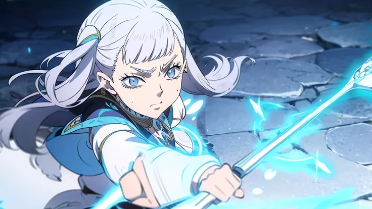 anime styling, Noelle Silva Black Clover, water handling, elements of magic, facing at viewer.