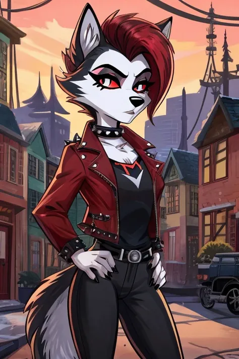 Art helluva boss,furry masculino,husky,black and white fur color,beauty,black and red hair color,clara dos olhos completamente vermelha,white pupils,normal facial expression,Dog Collar,punk jacket,red shirt,black military pants,military boots, suburban car...