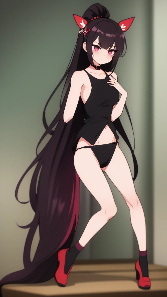 High tail hairstyle, Ponytail hairstyle, Long wavy black hair, standing posing, anime girl style, pixel art anime style,penetrating look with deep eyes,red and purple eyes, hair with a ponytail hairstyle trapped with a big red bun, women, red hair clips, x...