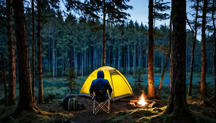 Camping tent between the trees in the forest, man in a blue jacket sitting on the chair, in the right corner of the screen, with his back to the camera, dark night, tense environment